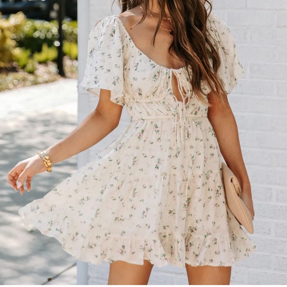 MYLA COTTON FLORAL TIE FRONT BABYDOLL DRESS - PINK CREAM - Picture 6 of 6